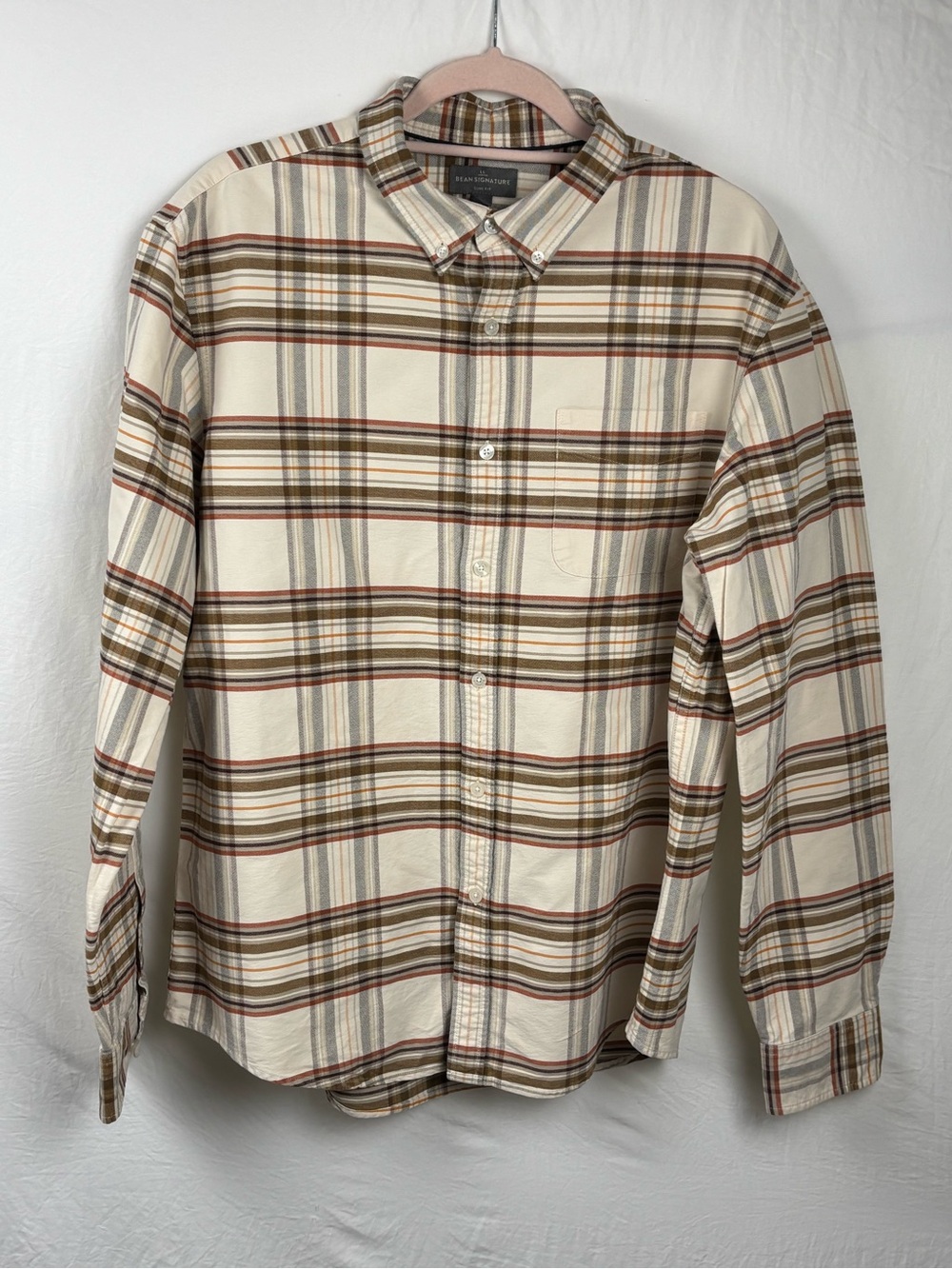 LL Bean Signature Mens Large Slim fit Cream Plaid Button-Down Shirt with Brown